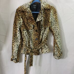 Clothes By Revue Faux Fur Leopard Print Short Trench Style Belted Coat Size M